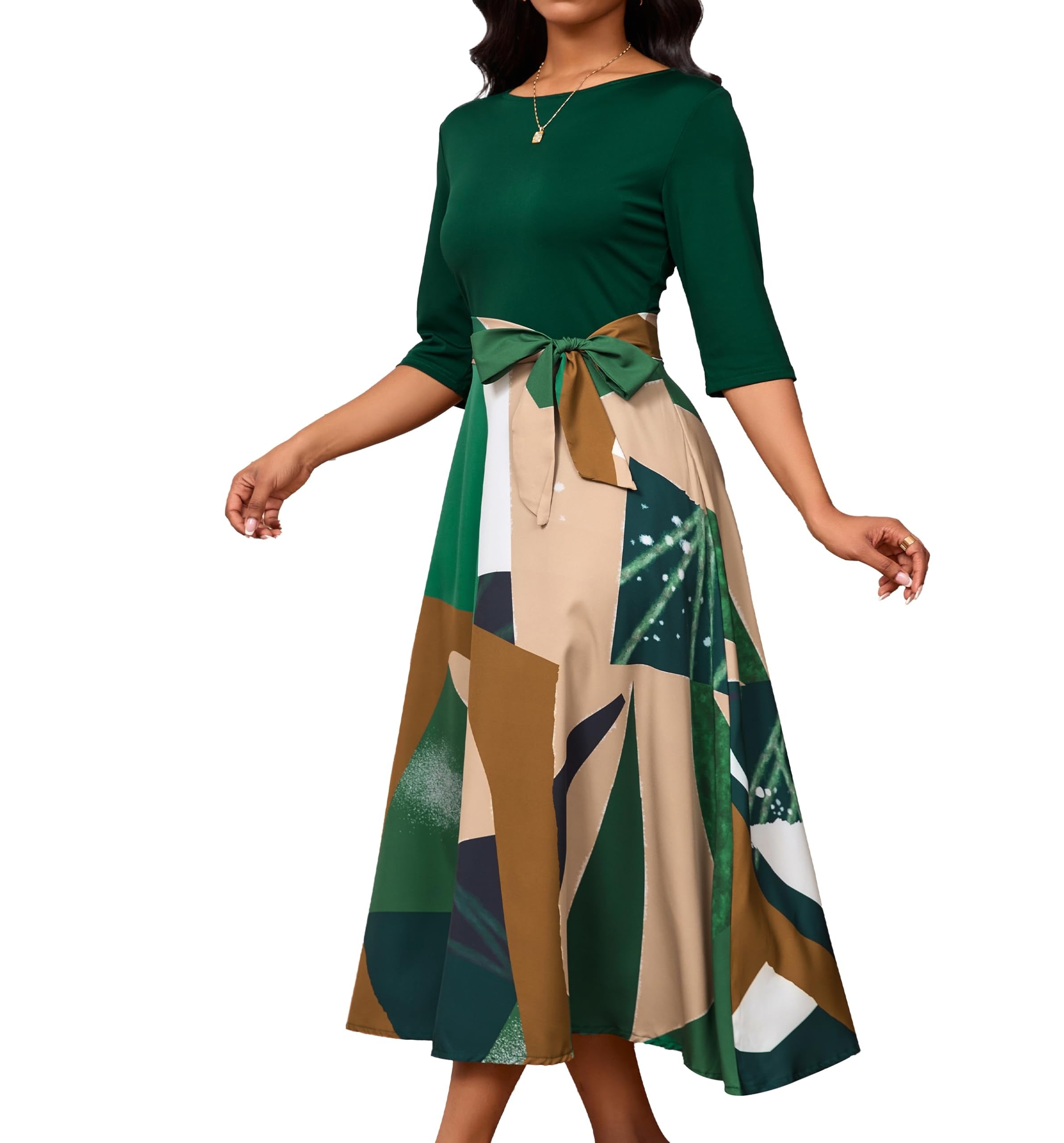 IbuduSexy Church Dresses for Women Maxi Dresses for Women 2024 Color Block Half-Sleeve Green