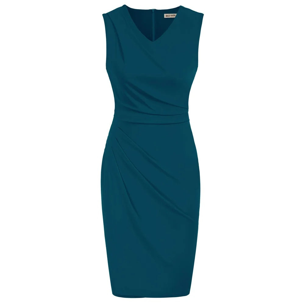 GRACE KARIN Womens Wear to Work Dress V Neck Sleeveless Ruched Wrap Office Party Pencil Dresses Peacock Blue