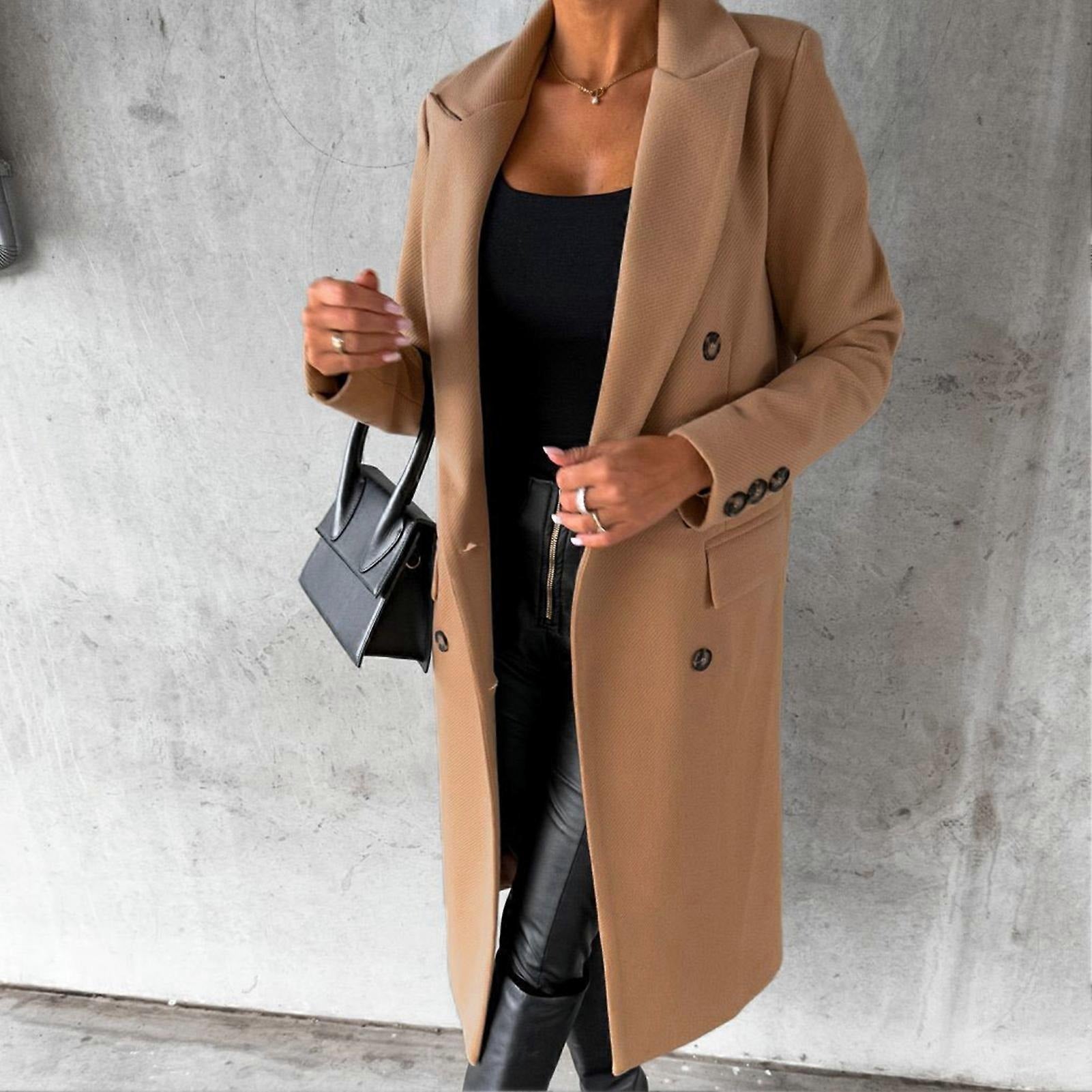 Women's Long Sleeve Lapel Button Woolen Coat