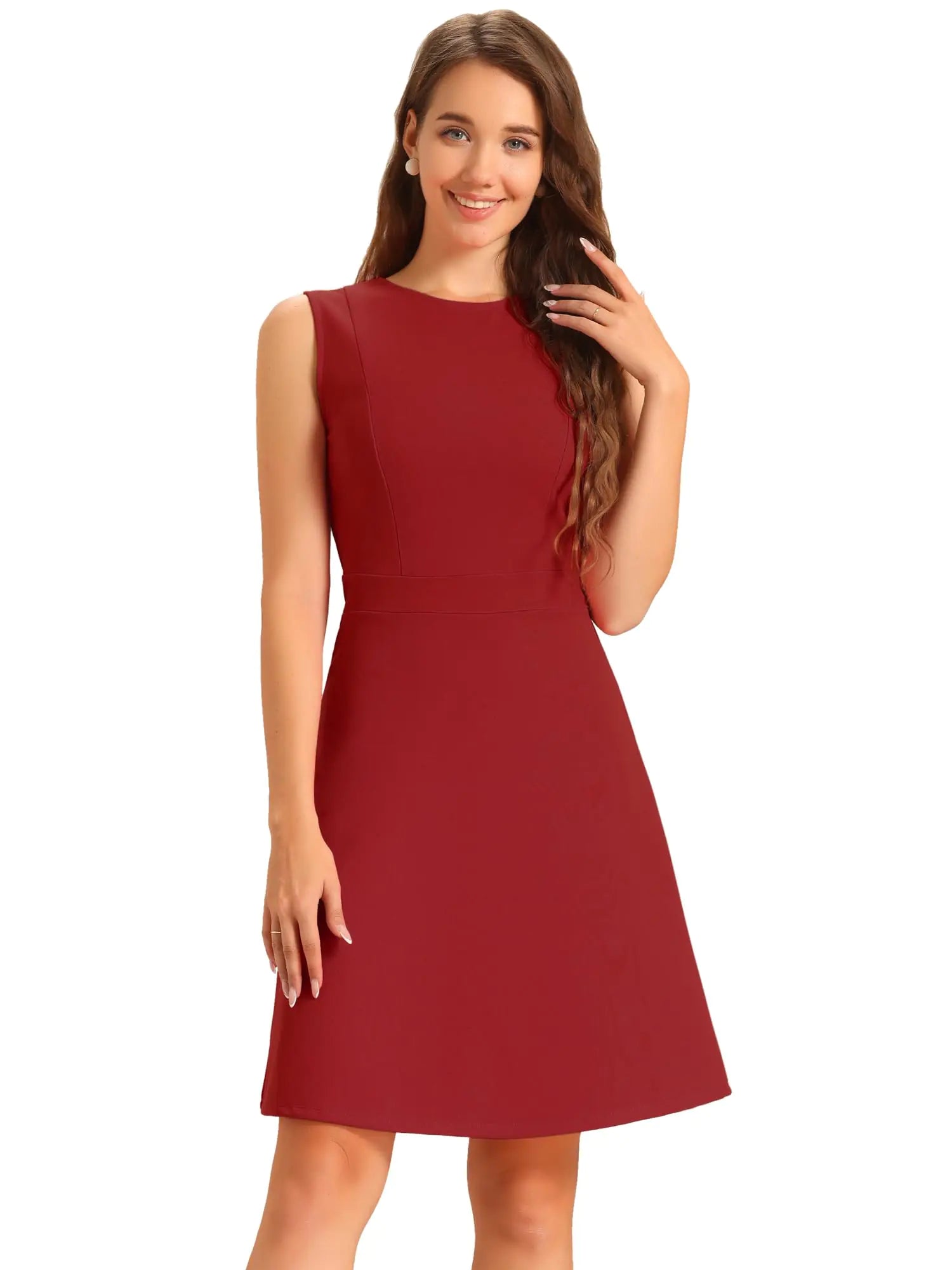 Allegra K Womens Work Dress Round Neck Solid Color Sleeveless A-Line Casual Office Dresses X-Large Red