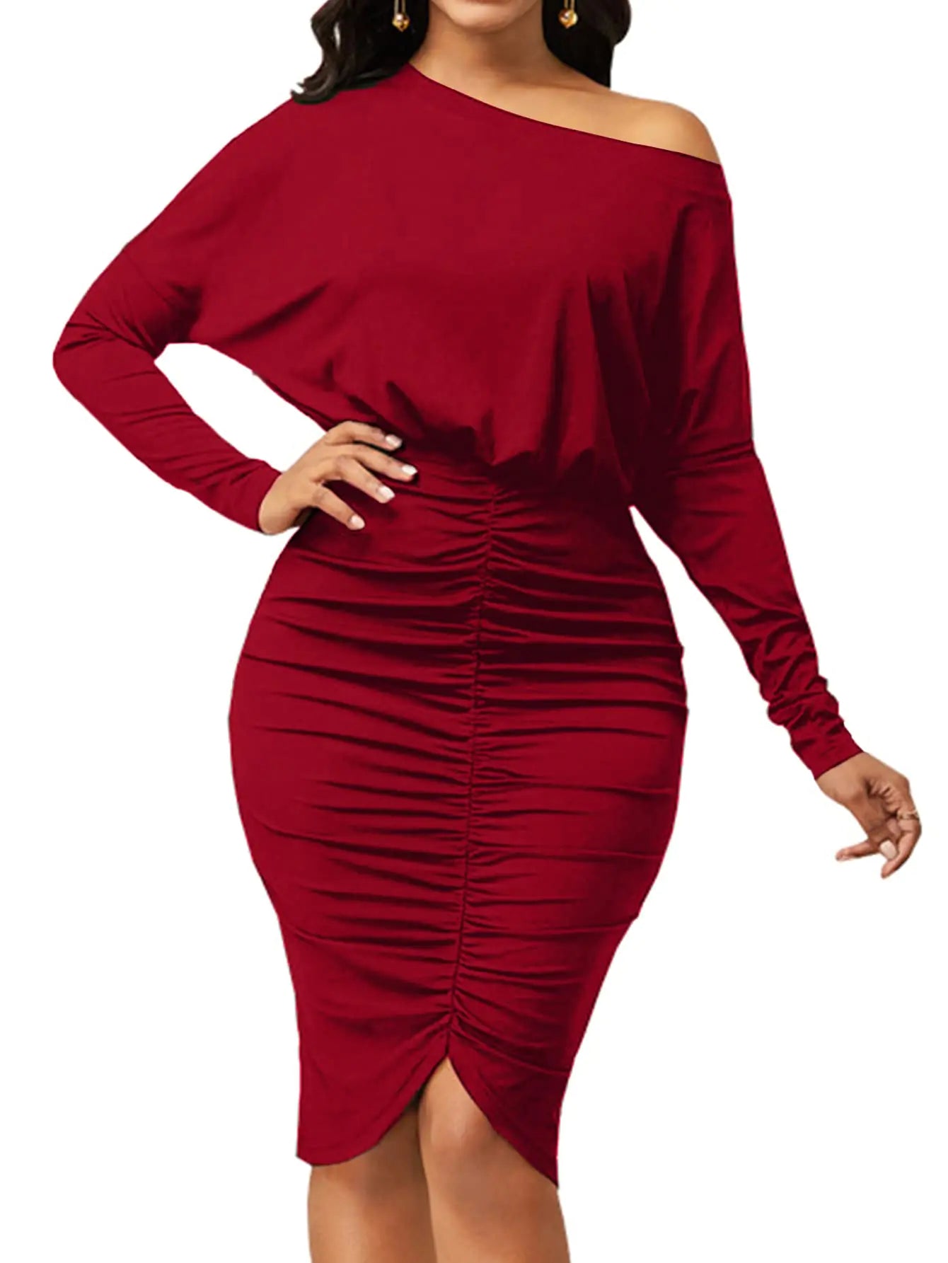 Elegant Wine Red Sparkly Sequin Evening Prom Gown Maxi Dresses for Women Sexy One Shoulder Long Sleeve High Split Long Formal Party Dress