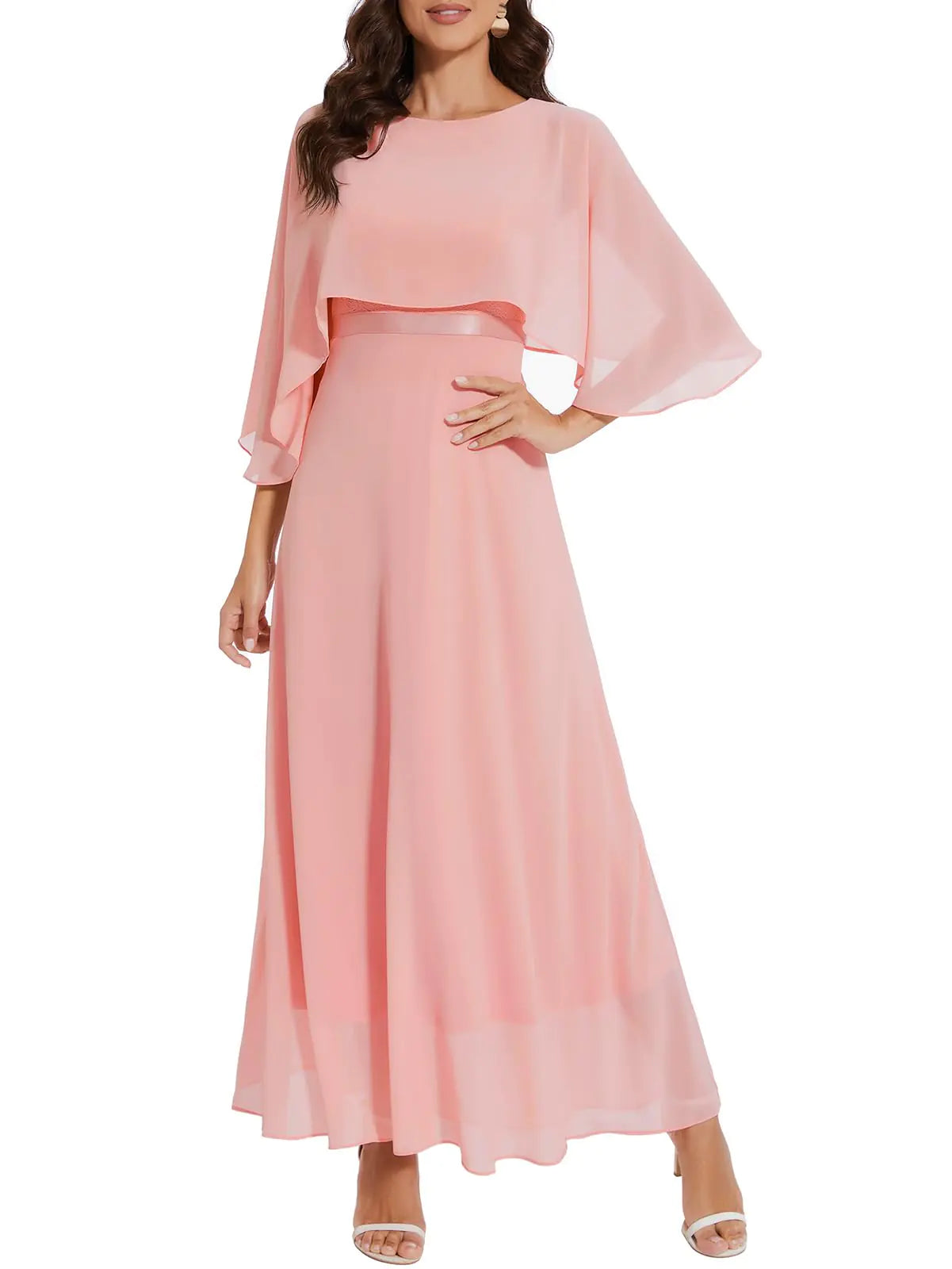 Women Sleeveless Cape Dress with Chiffon Overlay Lace Wedding Guest Cocktail Party Gowns Dress Blush 3XL