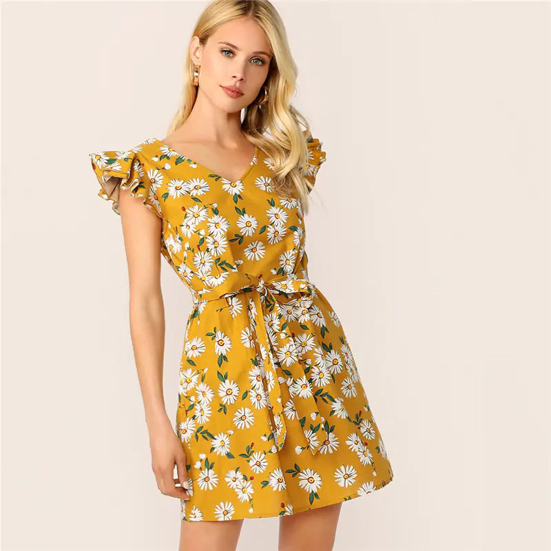 SHEIN Ruffle Trim Daisy Print Tie V-Neck Dress