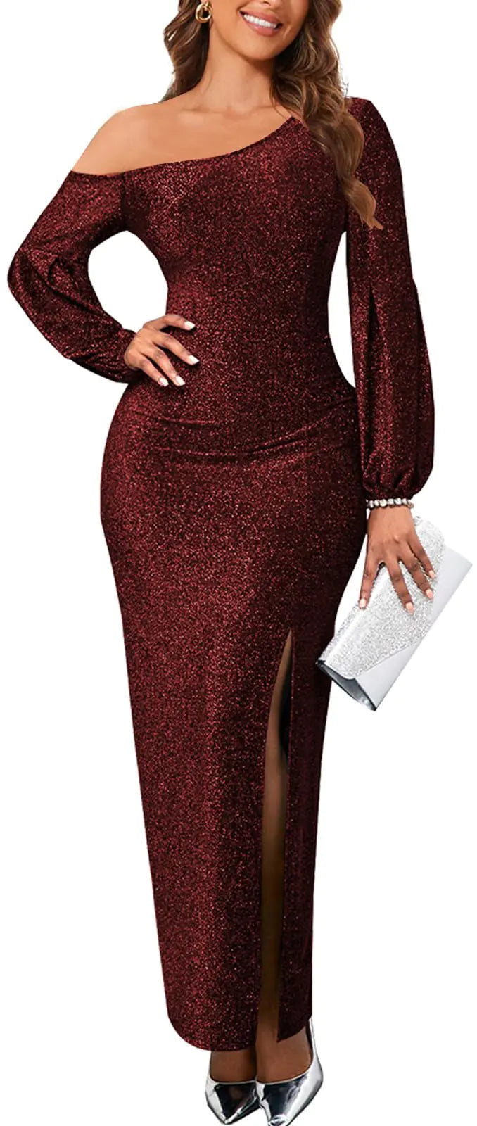 Elegant Wine Red Sparkly Sequin Evening Prom Gown Maxi Dresses for Women Sexy One Shoulder Long Sleeve High Split Long Formal Party Dress
