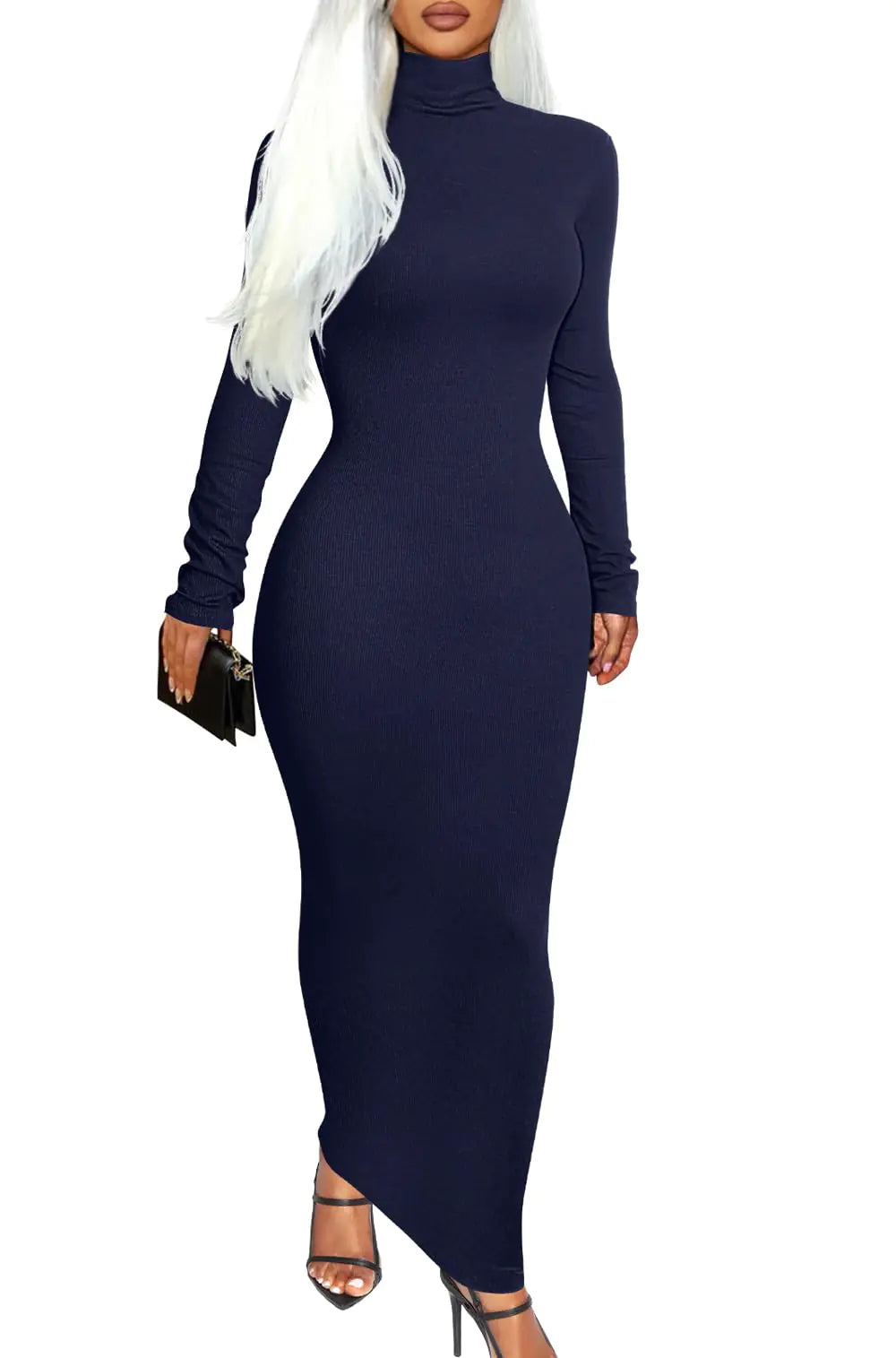 Memoriesea Womens Fall Turtleneck Long Sleeve Ribbed Slim Bodycon Maxi Dress Navy Blue