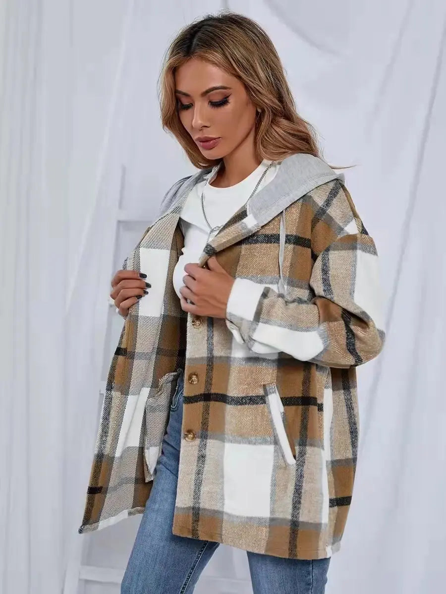 Women's Plaid Woolen Cardigan Coat