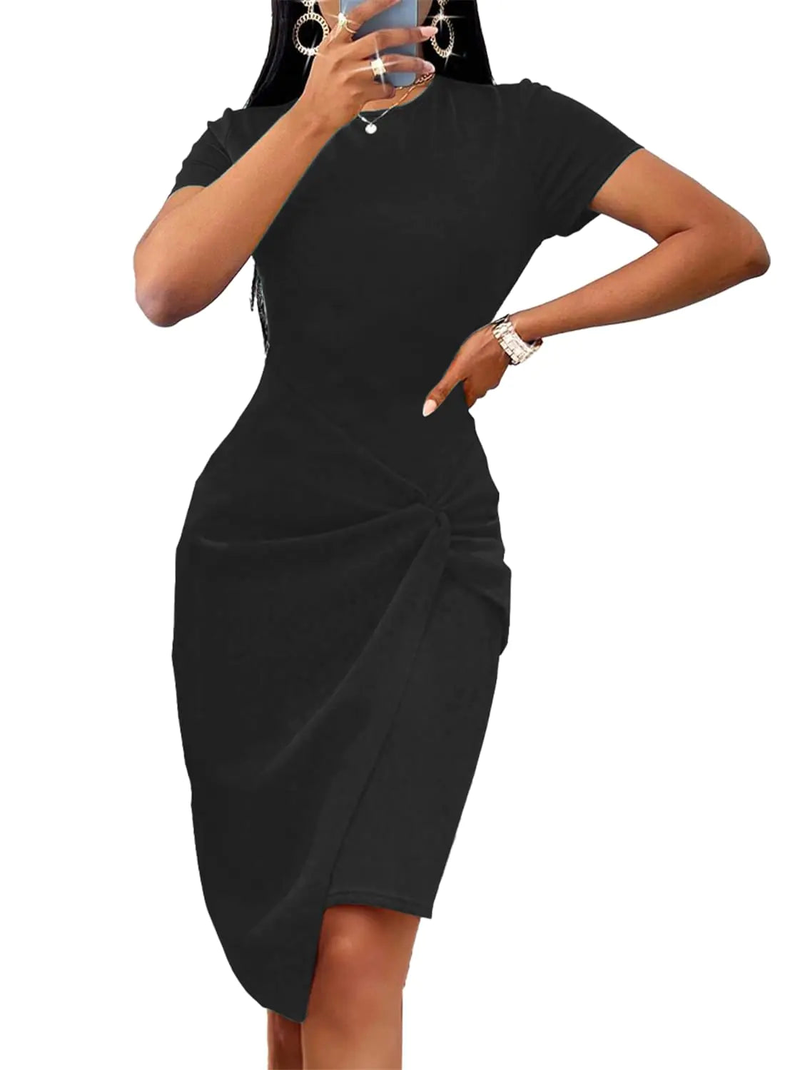 Work Pencil Dress for Women Wedding Guest Bodycon Midi Dresses Sheath Church Wrap Knot Short Sleeve Business Casual Elegant Retro Dress 2024(BlackXX-Large)