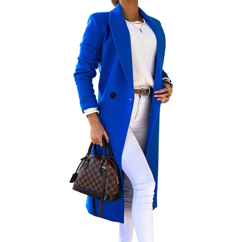 Women's Long Sleeve Lapel Button Woolen Coat