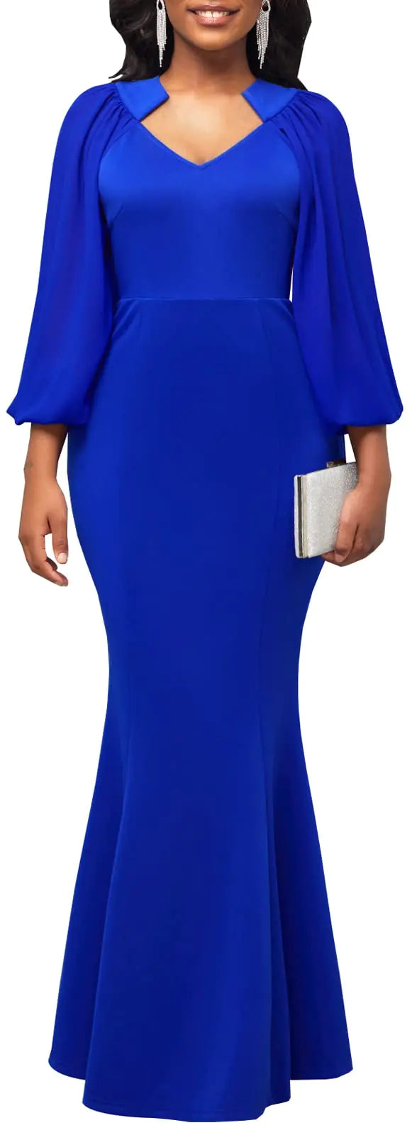 Elegant Evening Gown Lantern Sleeve Bodycon Mermaid Maxi Dresses for Women Formal V Neck Prom Long Wedding Party Cocktail Dress Blue