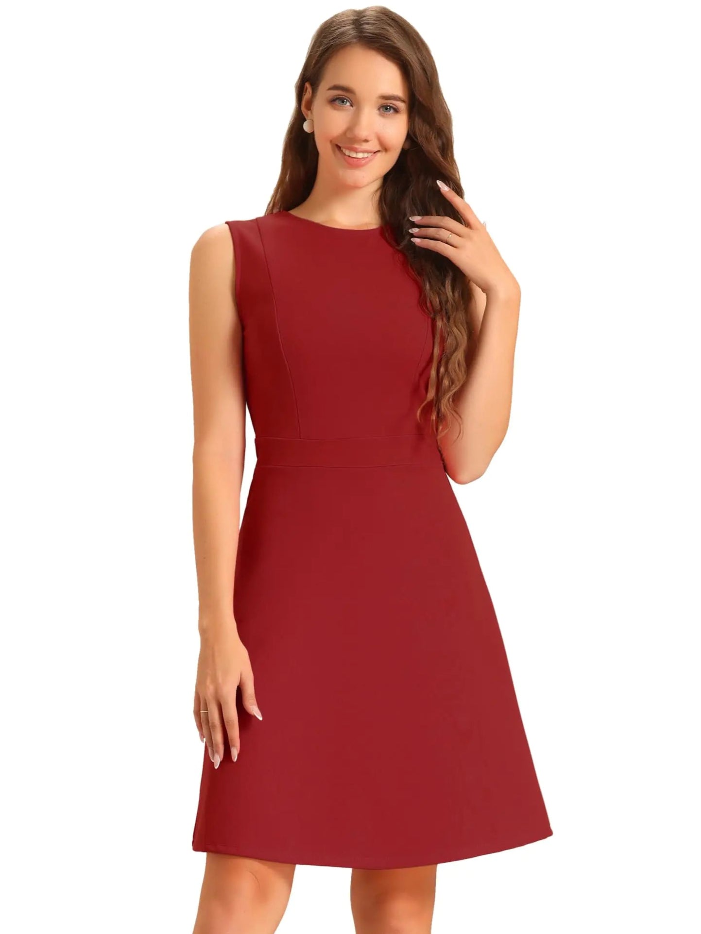Allegra K Womens Work Dress Round Neck Solid Color Sleeveless A-Line Casual Office Dresses X-Large Red