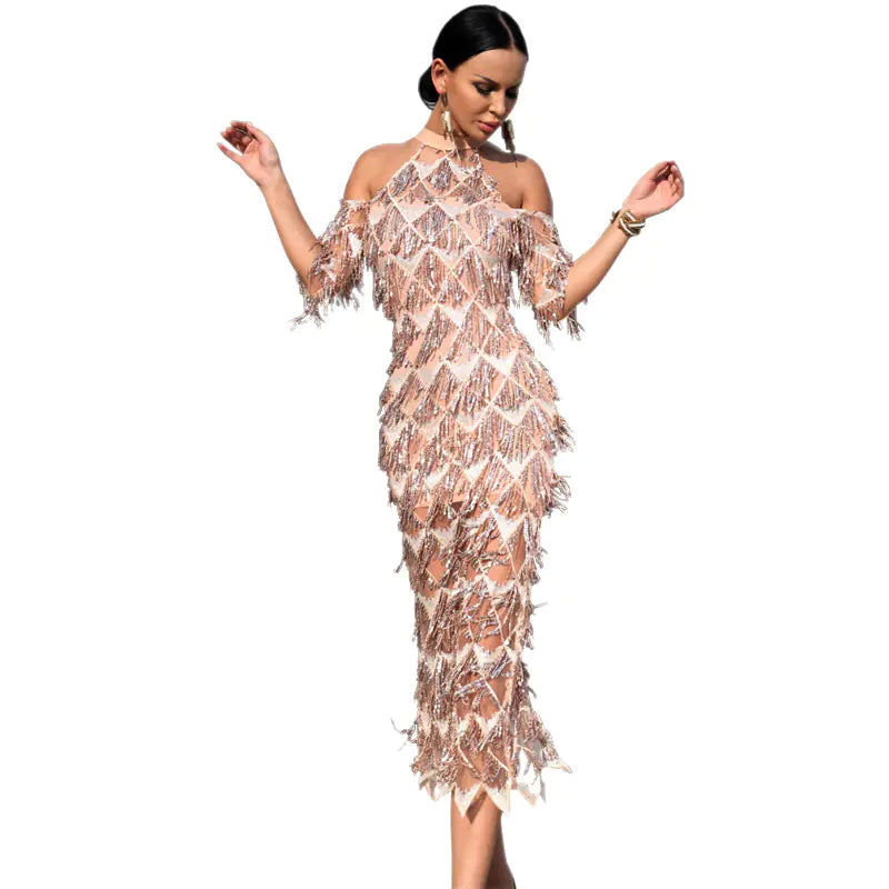Sequin Tassel Dress - Elegant Off-Shoulder Gown