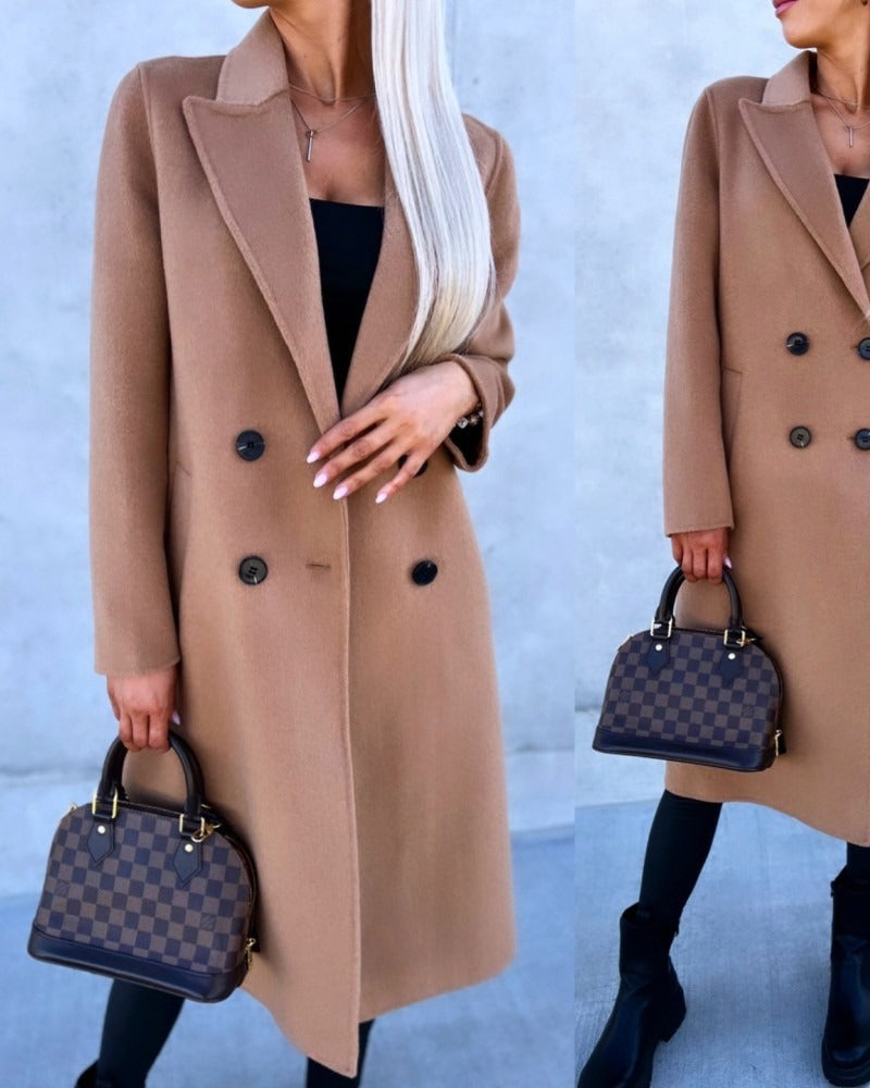 Women's Long Sleeve Lapel Button Woolen Coat