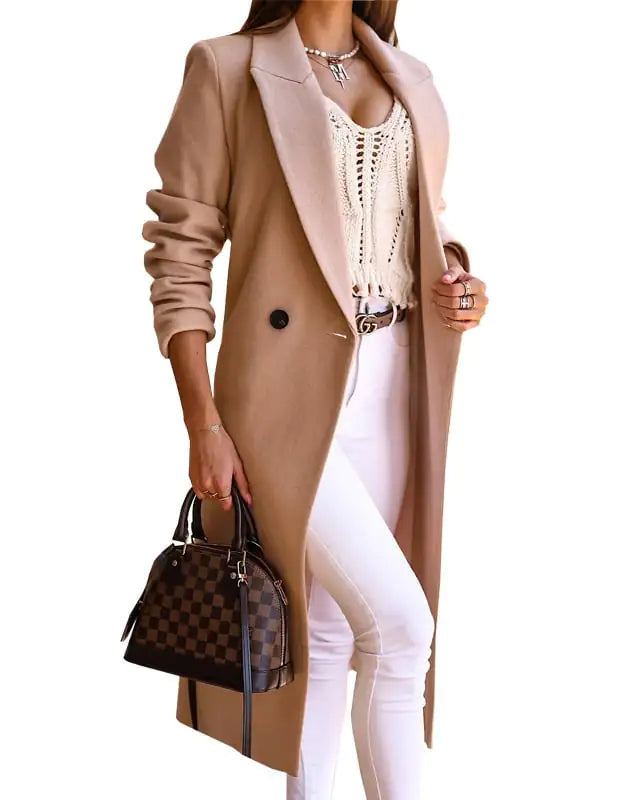 Women's Long Sleeve Lapel Button Woolen Coat