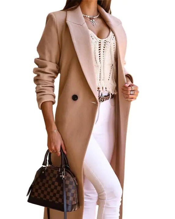 Women's Long Sleeve Lapel Button Woolen Coat