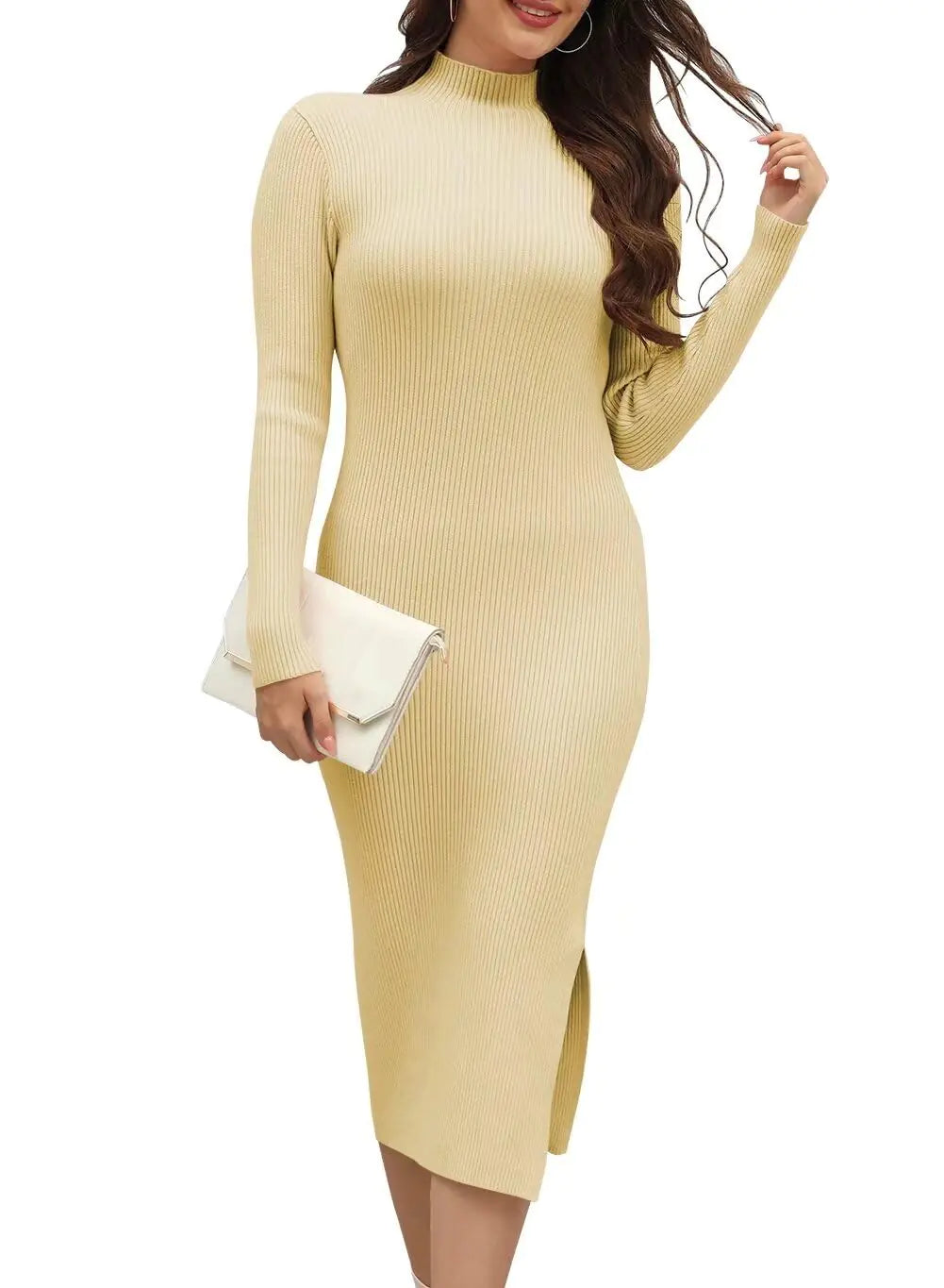 Wkior Womens 2025 Long Sleeve Sweater Dresses Fall Ribbed Bodycon Basic Turtleneck Slim Fit Cocktail Midi Dress Light Yellow M