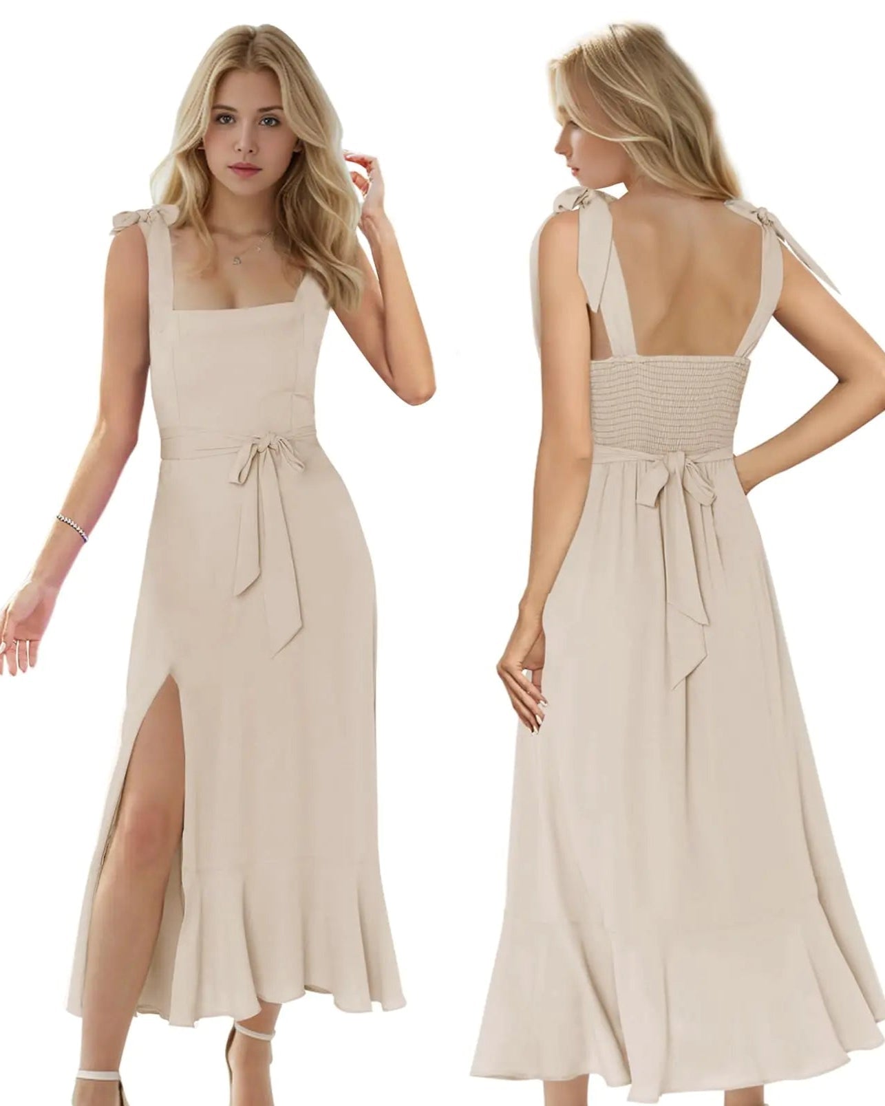 MllesReve Women Summer Graduation Dresses Tea Length Slit Ruffle Ladies Prom Dresses Smocked Dresses Birthday Party Dress L Champagne